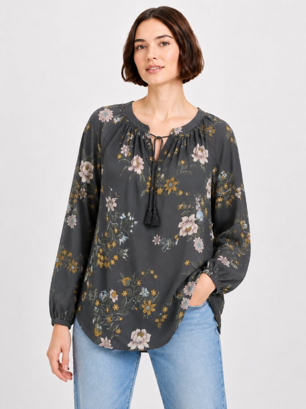 LOFT Outlet Floral Tassel Tie Blouse Coal Grey Long Sleeve Top M NWT